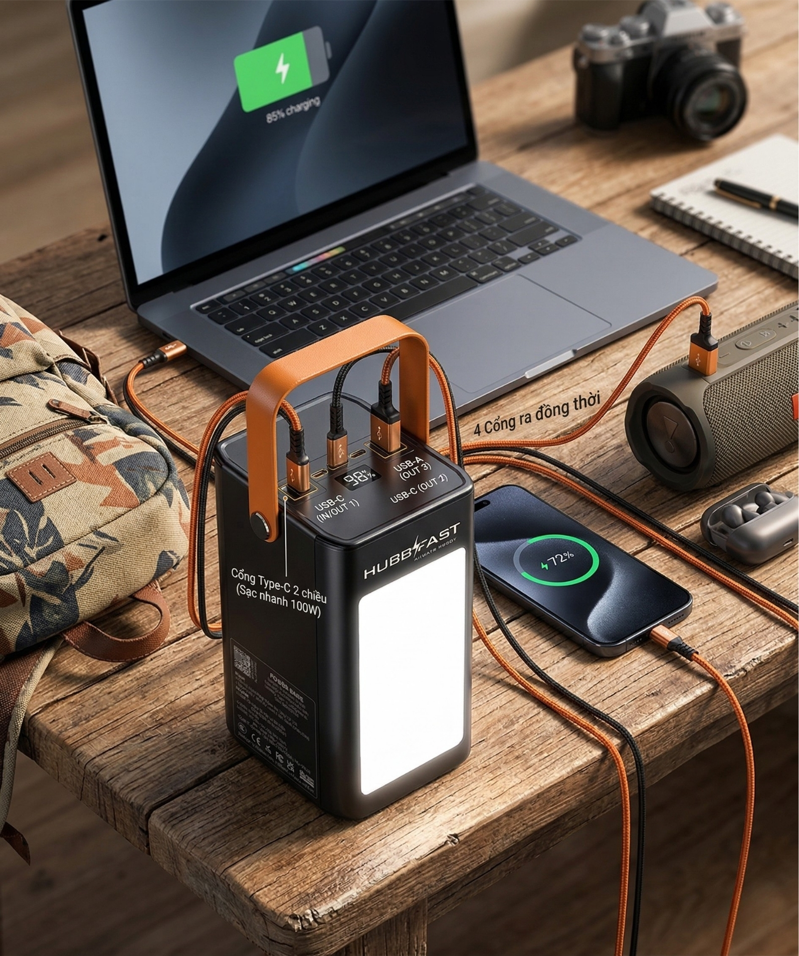 Review HubbFast PD100 80.000mAh: "Quái thú" hiệu năng cao, Giá mềm hơn bản Max 3 Các cổng sạc nhanh 22.5W trên trạm sạc HubbFast PD100.