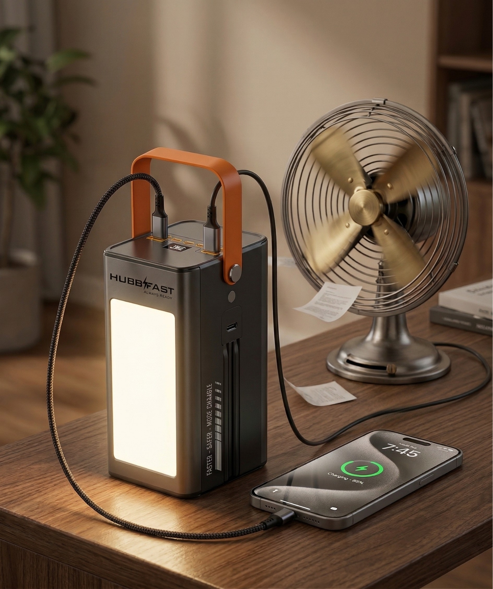 Giải pháp "Ánh sáng sinh tồn": Đèn LED trên HubbFast PD100 Max chiếu sáng 12 ngày đêm 3 HubbFast PD100 Max vừa sạc điện thoại vừa chạy quạt khi mất điện.