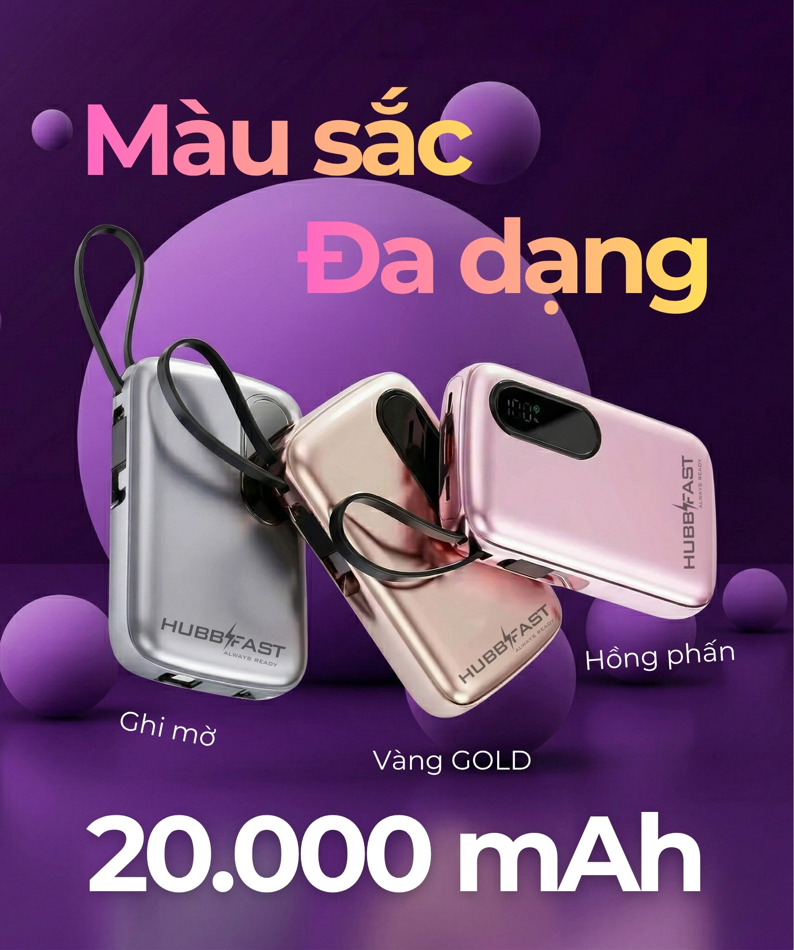 Review HubbFast ECO21: "Bảo bối" du lịch chuẩn Hàng không, Tích hợp dây sạc tiện lợi 4 Các phiên bản màu sắc của sạc dự phòng HubbFast ECO21.
