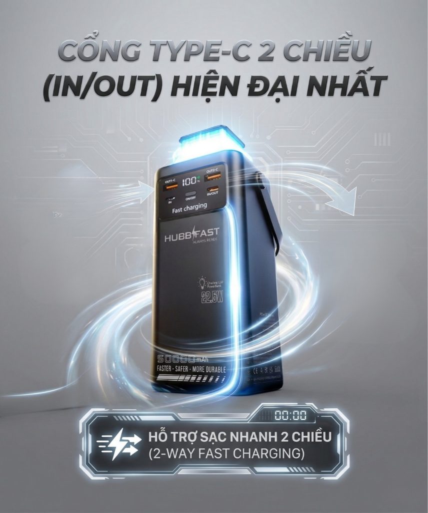 Cổng Type-C In/Out 2 chiều trên HubbFast tiện lợi như thế nào? 1 Cận cảnh cổng Type-C In/Out hỗ trợ sạc nhanh 2 chiều trên HubbFast.