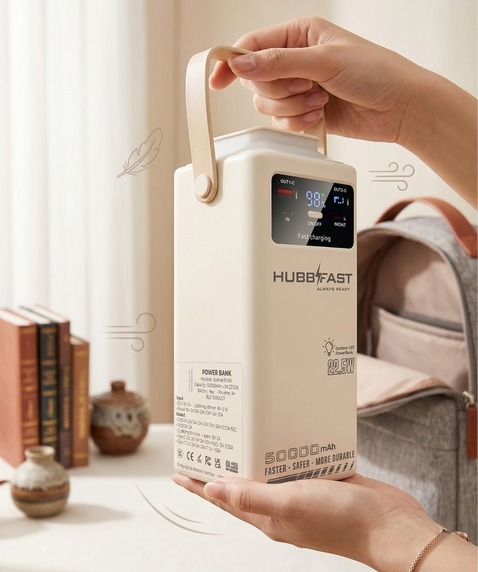 Nên mua Trạm sạc HubbFast PD100 (80.000mAh) hay PD60 (50.000mAh)? Bài toán kinh tế cho người dùng 3 Thiết kế nhỏ gọn, dễ dàng cầm nắm của HubbFast PD60.