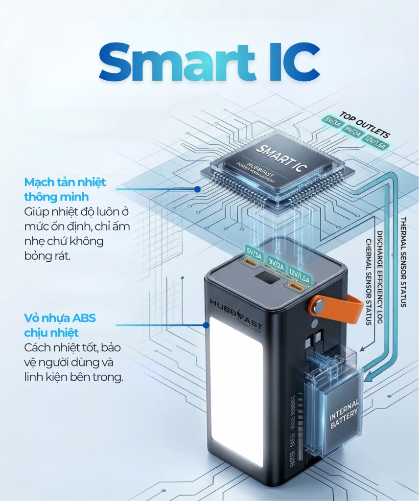 Sạc cùng lúc 7 thiết bị trên HubbFast PD100 Max: Có bị quá tải hay nóng máy không? 1 mach chia dong thong minh hubbfast.jpg