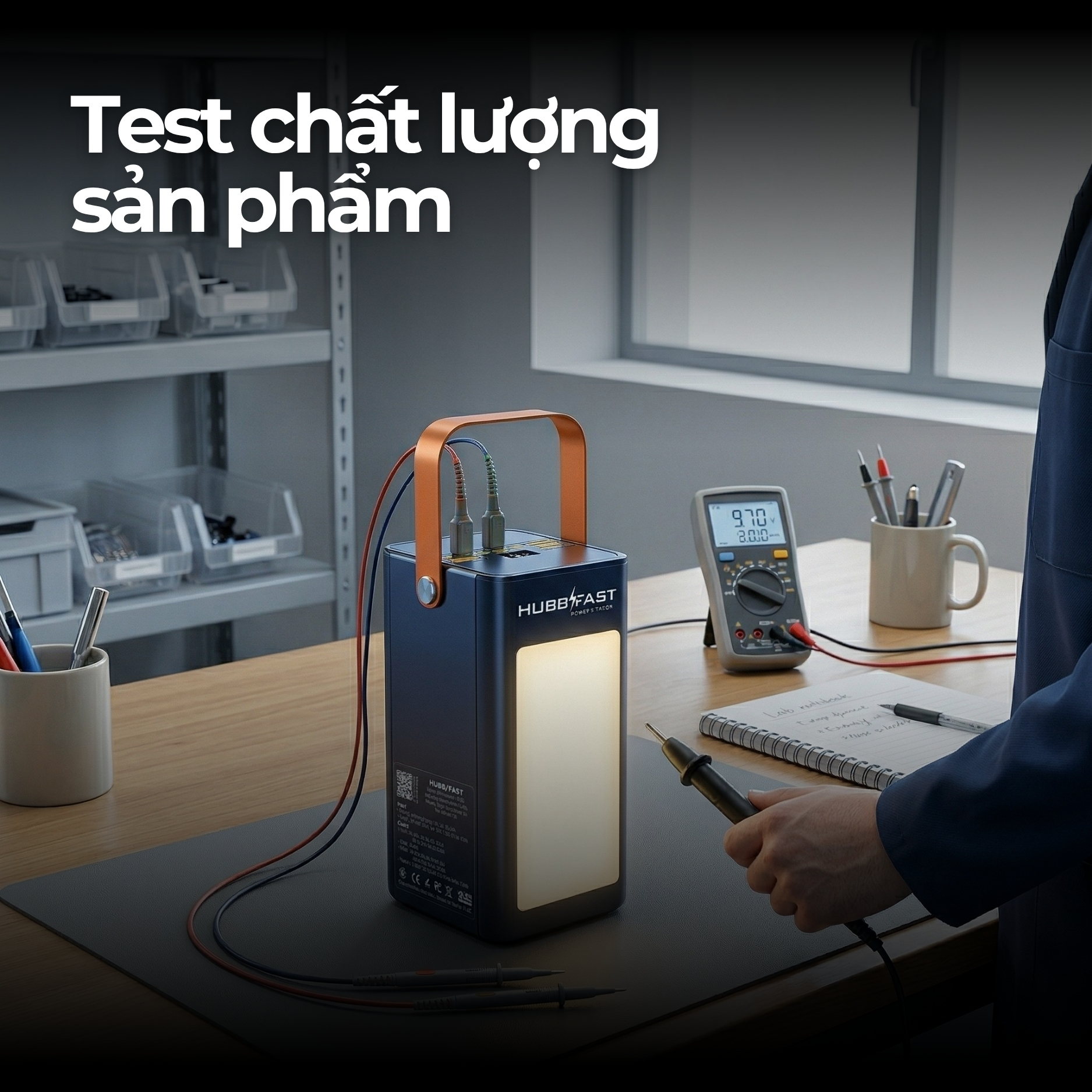 Quy trình kiểm định an toàn nghiêm ngặt của Hubbtronix: Tại sao HubbFast chống cháy nổ tuyệt đối? 2 Kỹ sư Hubbtronix đang kiểm tra chất lượng sạc dự phòng HubbFast.