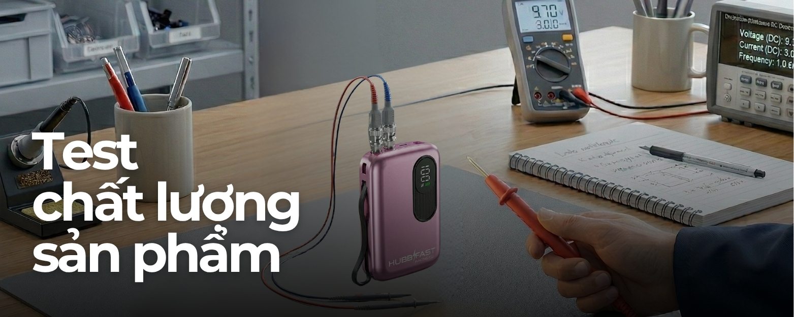 Quy trình kiểm định khắt khe của Hubbtronix: Lý do chúng tôi dám bảo hành 18 tháng 2 Kỹ thuật viên Hubbtronix kiểm tra sạc dự phòng HubbFast trong phòng Lab.