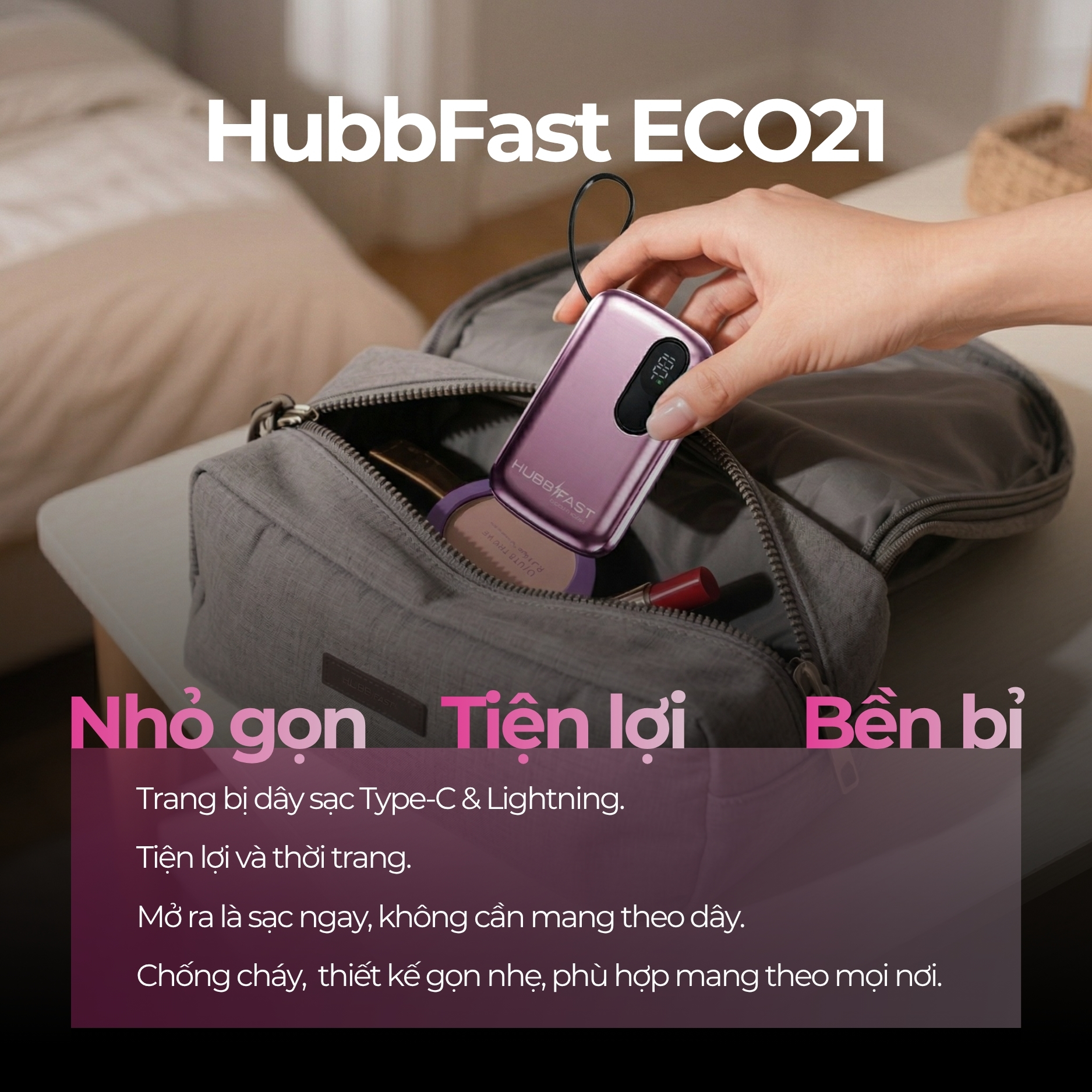Review HubbFast ECO21: "Bảo bối" du lịch chuẩn Hàng không, Tích hợp dây sạc tiện lợi 2 Sạc dự phòng HubbFast ECO21 tích hợp sẵn dây sạc tiện lợi.