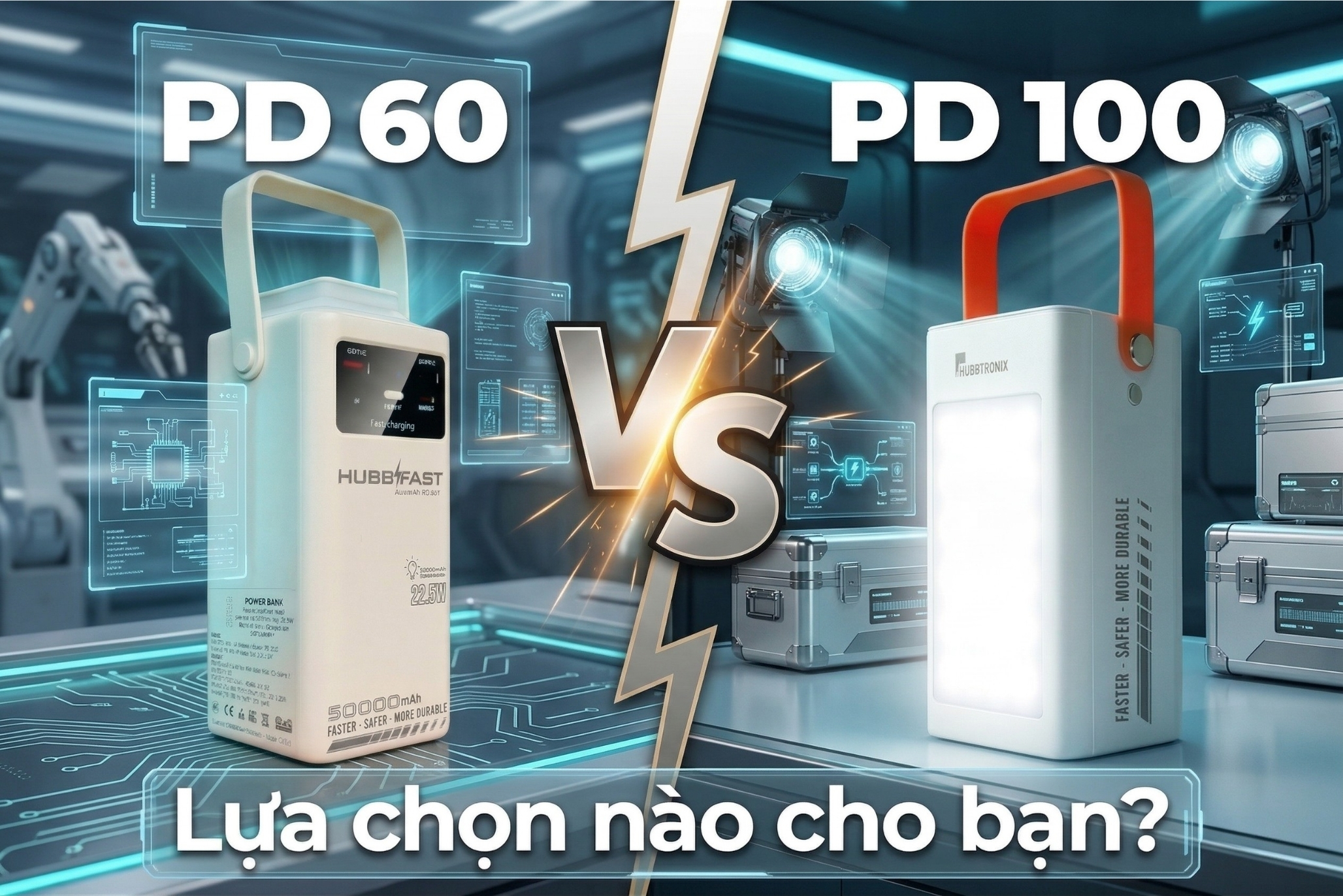 Nên mua Trạm sạc HubbFast PD100 (80.000mAh) hay PD60 (50.000mAh)? Bài toán kinh tế cho người dùng 2 So sánh kích thước và ngoại hình HubbFast PD100 80.000mAh và PD60 50.000mAh.