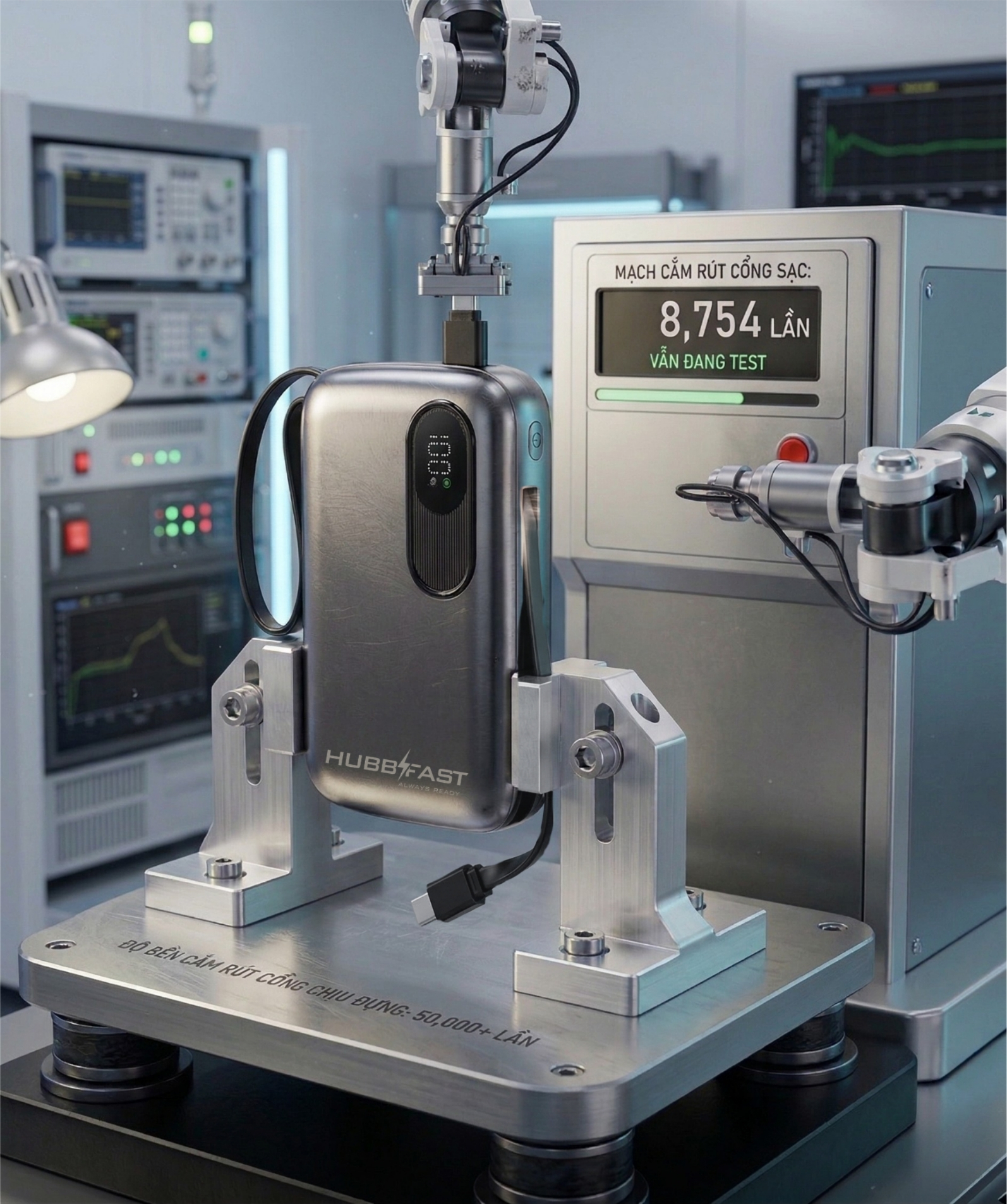 Quy trình kiểm định khắt khe của Hubbtronix: Lý do chúng tôi dám bảo hành 18 tháng 3 Máy test độ bền cắm rút cổng sạc HubbFast.