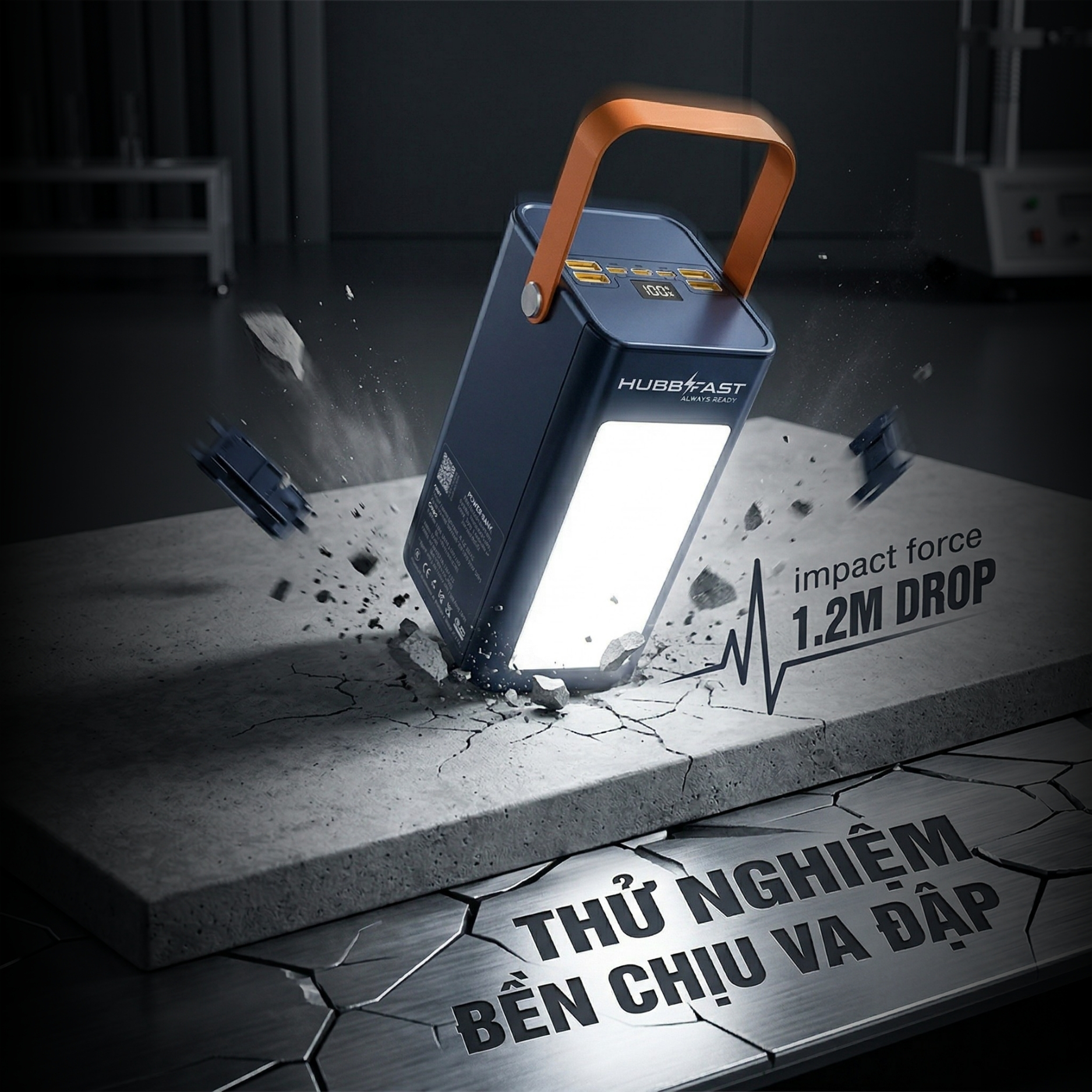 Quy trình kiểm định an toàn nghiêm ngặt của Hubbtronix: Tại sao HubbFast chống cháy nổ tuyệt đối? 3 Kiểm tra độ bền chịu va đập của sạc dự phòng HubbFast.