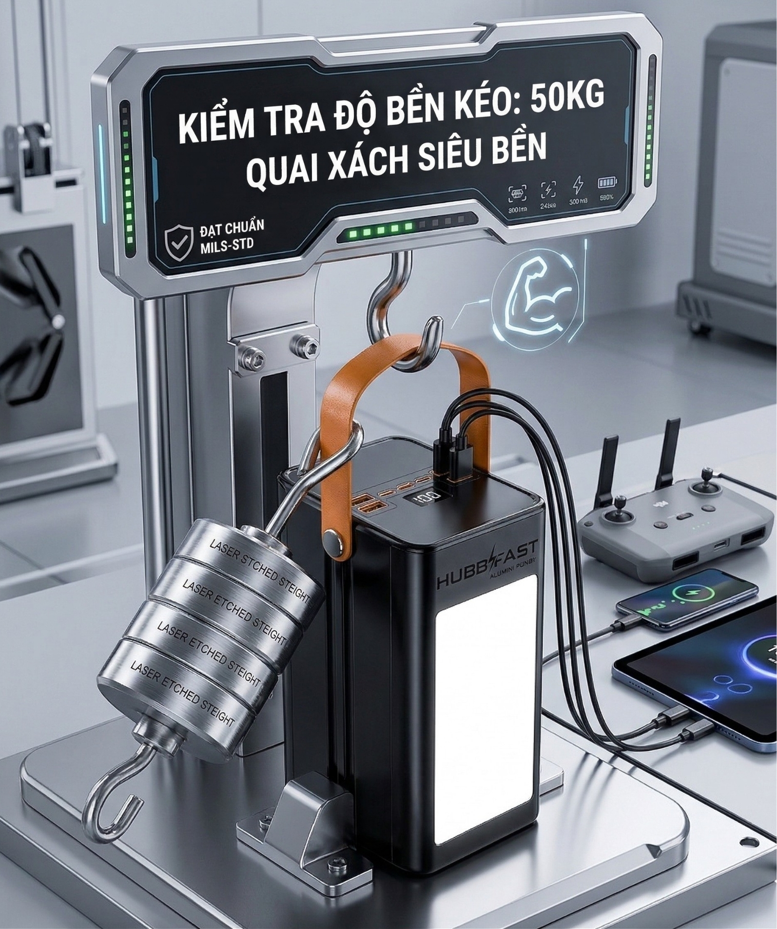 Đánh giá Trạm sạc HubbFast PD100 Max 100.000mAh: "Nhà máy điện" di động, Đèn sáng 12 ngày 4 Thiết kế quai xách da bền bỉ của trạm sạc HubbFast.