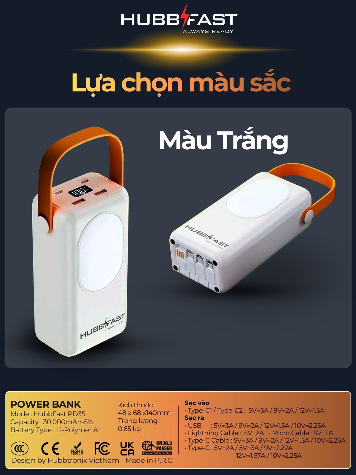 HUBBFAST PD35 - 30000mAh 9 10 mau trang
