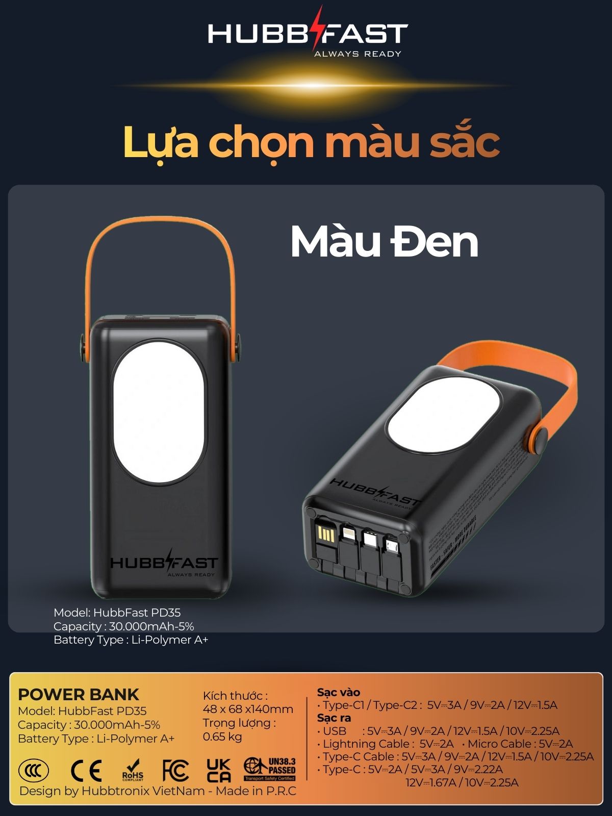 HUBBFAST PD35 - 30000mAh 10 Pin dự phòng HubbFast PD35 30000mAh sạc nhanh 22.5W chính hãng