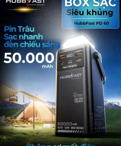 Pin sạc dự phòng HubbFast PD60 50000mAh sạc nhanh 22.5W, đèn LED, tích hợp 4 cáp, sạc cùng lúc nhiều thiết bị, bảo hành 18 tháng