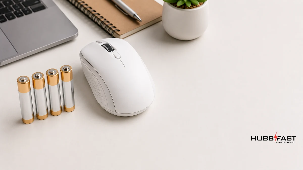 Pin AA Cho Chuột Không Dây: Loại Nào Giúp Chuột Chạy Mượt Nhất? 4 Pin AA chất lượng đặt cạnh chuột không dây trên bàn làm việc | HubbFast Premium – Pin kiềm Alkaline
