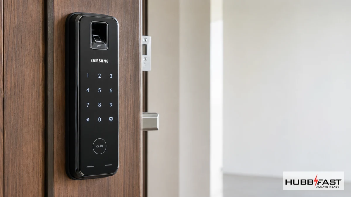Khóa cửa thông minh Samsung SHP lắp trên cửa | HubbFast Lock Edition – Pin kiềm Alkaline cho khóa thông minh