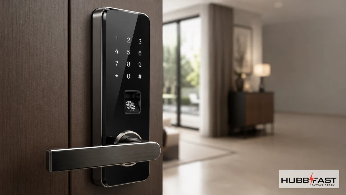 Khóa Cửa Thông Minh Là Gì? Hiểu Đúng Để Không Bị Kẹt Ngoài Cửa Vì Hết Pin 3 Cận cảnh mặt khóa cửa thông minh với bàn phím và cảm biến vân tay