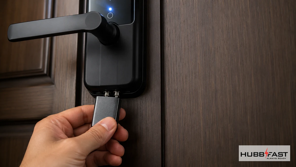 Cấp nguồn khẩn cấp cho khóa thông minh hết pin bằng pin 9V vào chân tiếp điểm | HubbFast Lock Edition – Pin kiềm Alkaline cho khóa thông minh