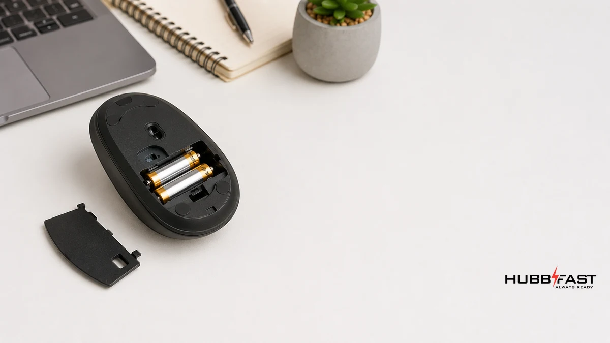 Pin AA Cho Chuột Không Dây: Loại Nào Giúp Chuột Chạy Mượt Nhất? 2 Chuột không dây mở khoang pin với viên pin AA bên trong | HubbFast Premium – Pin kiềm Alkaline