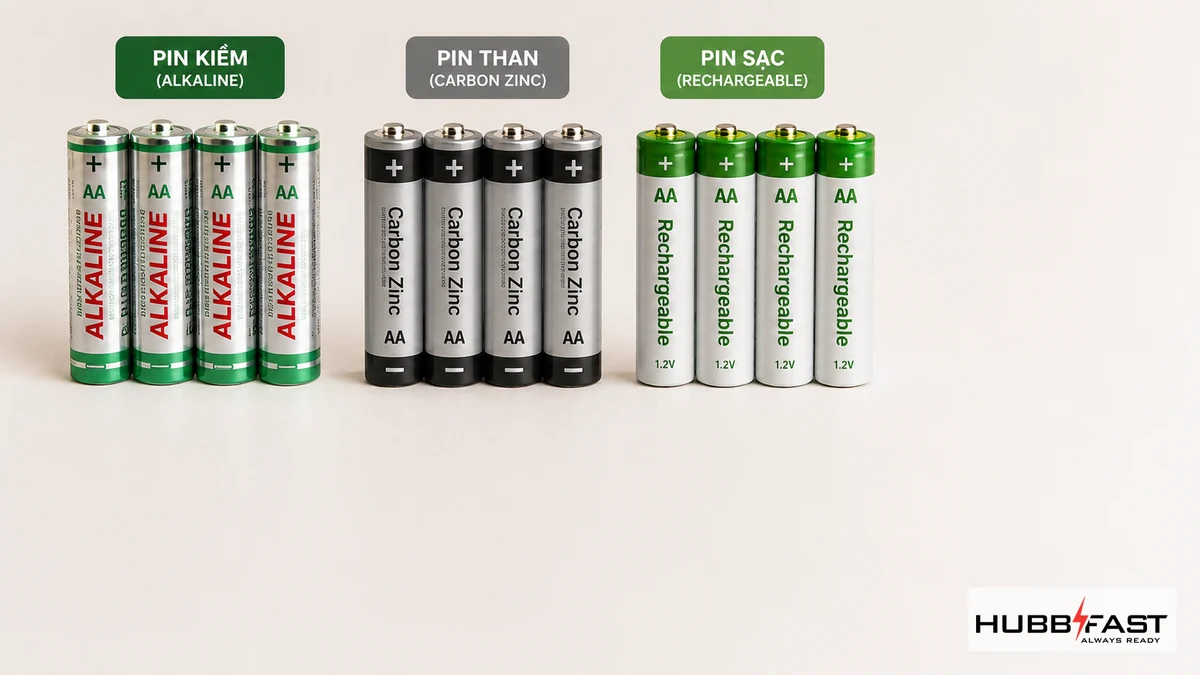 So sánh các loại pin AA: pin kiềm, pin than và pin sạc | HubbFast Premium – Pin kiềm Alkaline