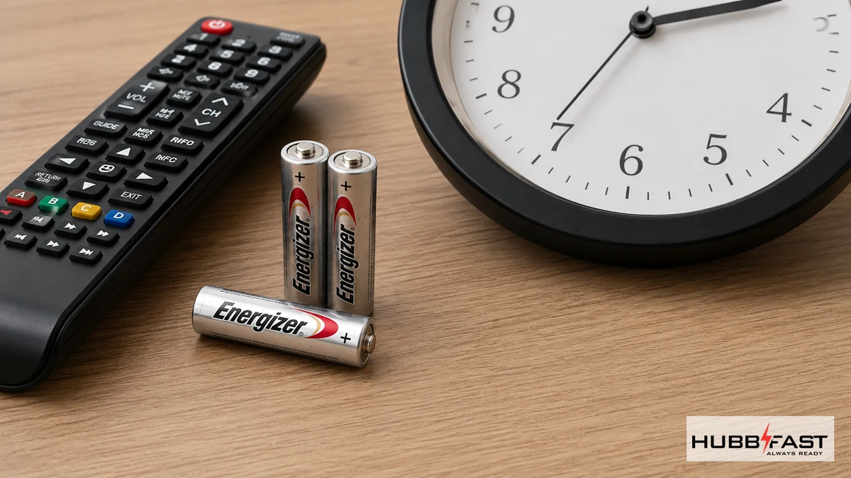 Pin AA Energizer Có Thực Sự Tốt Không? Đánh Giá Khách Quan 2026 2 Pin AA Energizer đặt cạnh các thiết bị gia đình thường dùng | HubbFast Premium – Pin kiềm Alkaline