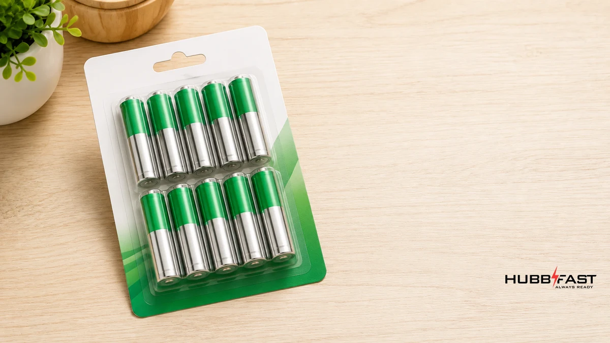Mua Pin AA Nào Cho Gia Đình Năm 2026? So Sánh Thực Tế HubbFast vs Energizer vs Duracell 4 Vỉ pin AA HubbFast Premium cho gia đình đặt trên bàn