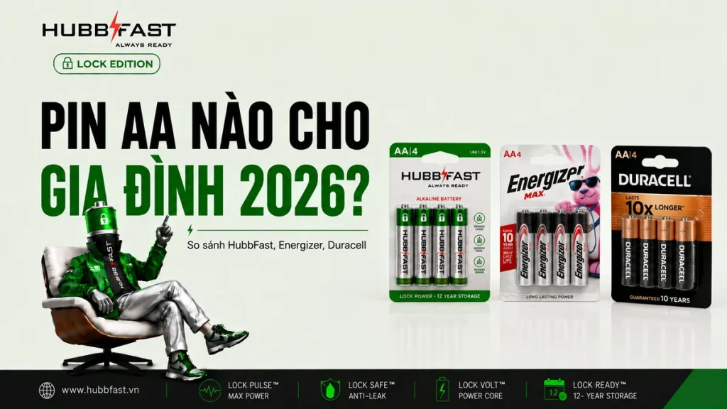 Mua Pin AA Nào Cho Gia Đình Năm 2026? So Sánh Thực Tế HubbFast vs Energizer vs Duracell 1 Pin AA tốt nhất cho gia đình 2026 - HubbFast Energizer Duracell | HubbFast Premium – Pin kiềm Alkaline