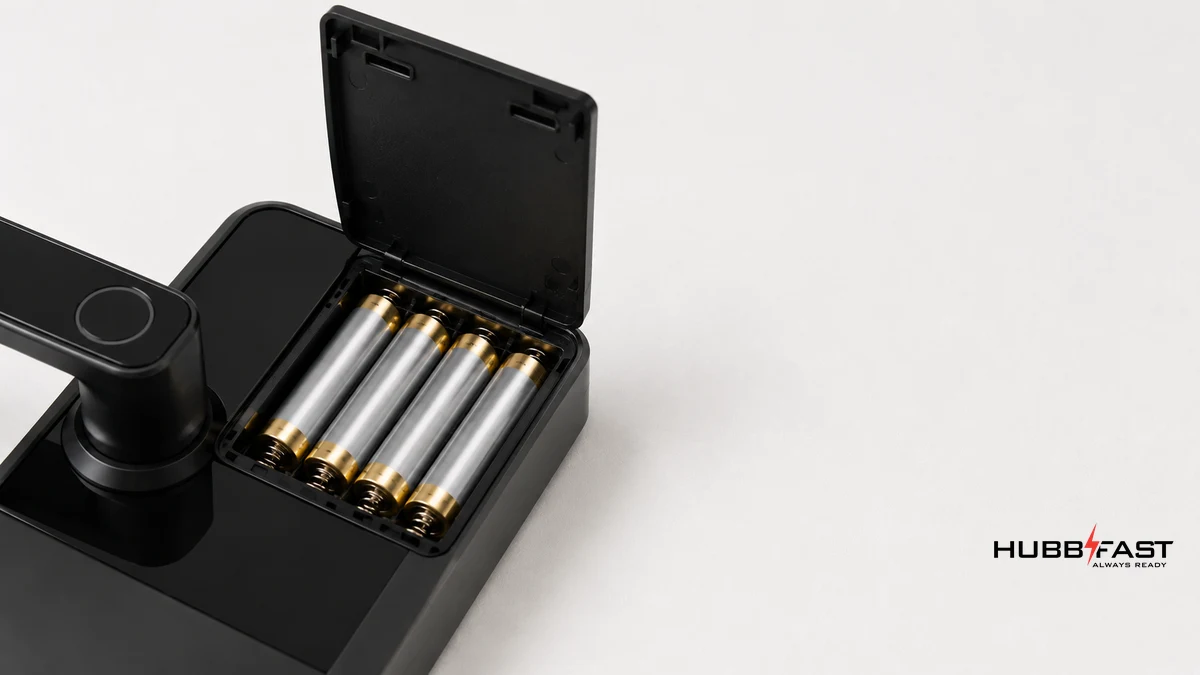Khoang pin khóa cửa thông minh mở nắp với các viên pin AA | HubbFast Lock Edition – Pin kiềm Alkaline cho khóa thông minh