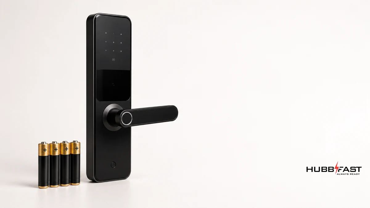 Pin Lock Edition đặt cạnh khóa cửa thông minh phòng khách sạn | HubbFast Lock Edition – Pin kiềm Alkaline cho khóa thông minh
