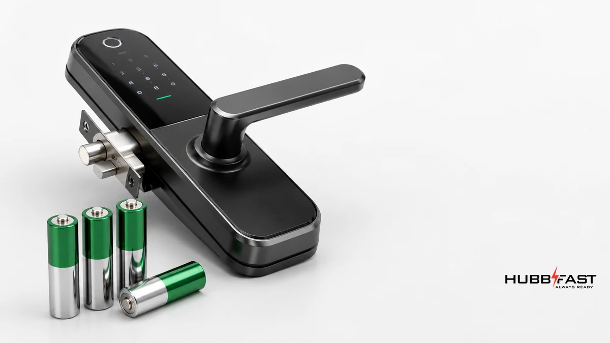 Hành Trình Kiểm Tra 10.000 Lần Mở Khóa: Pin Nào Trụ Được Đến Cuối? 4 Pin Lock Edition đặt cạnh khóa cửa thông minh sau chặng thử độ bền | HubbFast Lock Edition – Pin kiềm Alkaline cho khóa thông minh