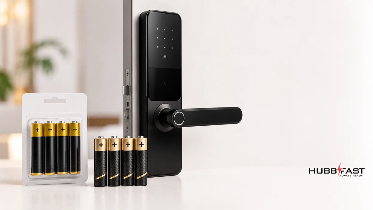 Vỉ pin AA siêu thị đặt cạnh pin chuyên dụng Lock Edition cho khóa thông minh | HubbFast Lock Edition – Pin kiềm Alkaline cho khóa thông minh
