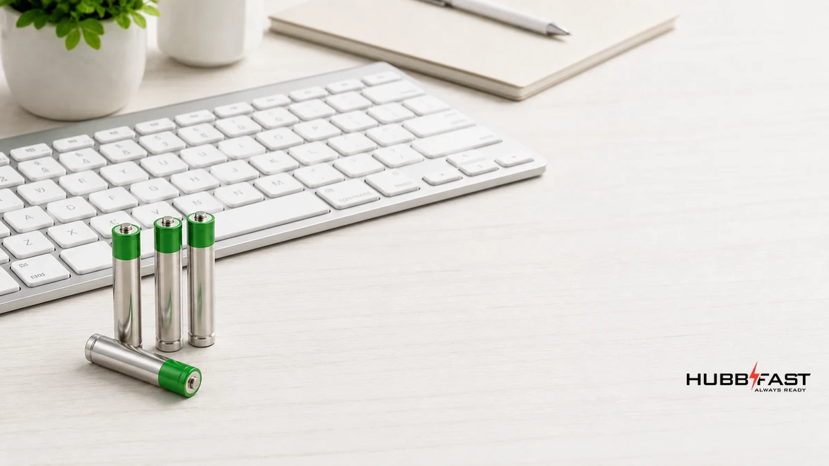 Pin AAA Cho Bàn Phím Không Dây: Bao Lâu Thay Một Lần Và Nên Chọn Loại Nào? 4 Pin AAA chất lượng đặt cạnh bàn phím không dây trên bàn làm việc | HubbFast Premium – Pin kiềm Alkaline