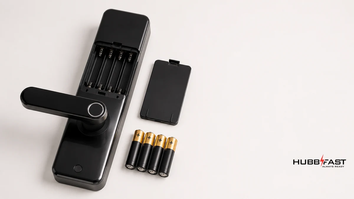 Nhân viên kỹ thuật thay pin cho khóa cửa thông minh tại khách sạn | HubbFast Lock Edition – Pin kiềm Alkaline cho khóa thông minh