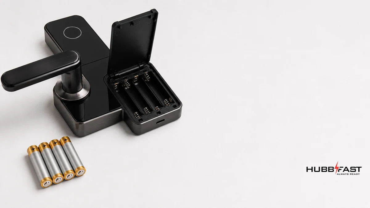Vài viên pin AA đặt cạnh khóa cửa thông minh đang mở khoang pin | HubbFast Lock Edition – Pin kiềm Alkaline cho khóa thông minh