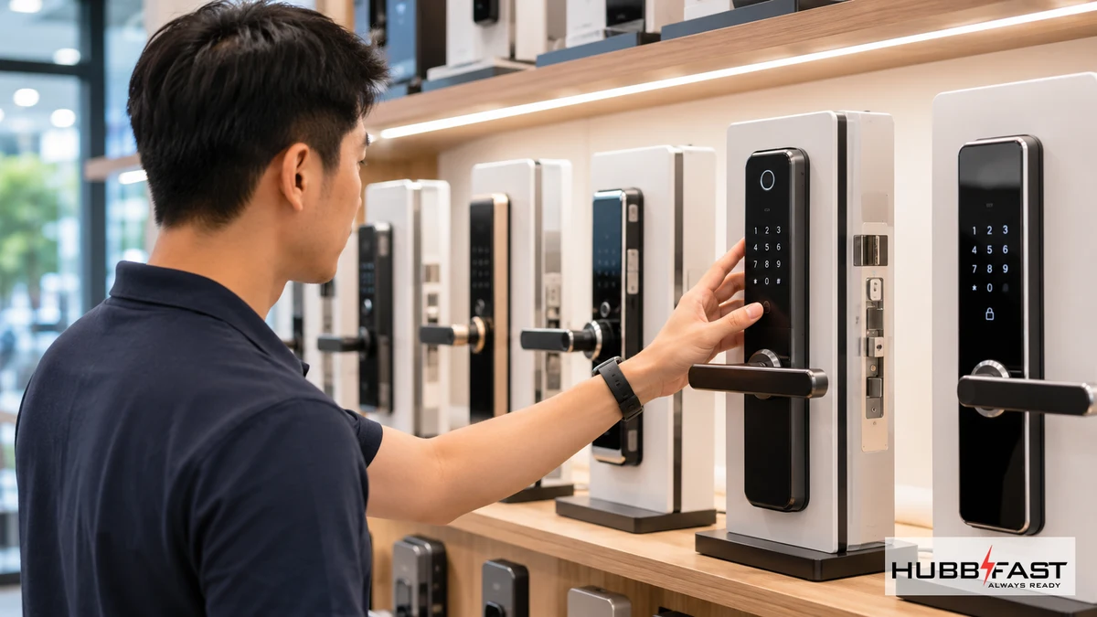 Top 5 Thương Hiệu Khóa Cửa Thông Minh Tốt Nhất Tại Việt Nam 2026 3 Khách hàng tìm hiểu và lựa chọn khóa cửa thông minh tại cửa hàng | HubbFast Lock Edition – Pin kiềm Alkaline cho khóa thông minh