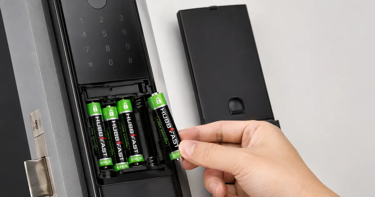 Lắp bộ pin kiềm AA mới vào khoang pin khóa cửa thông minh