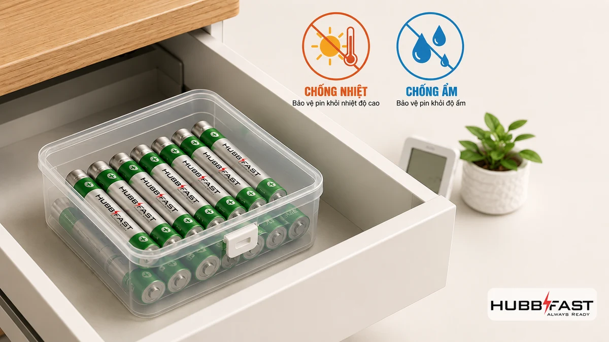 Vòng Đời Pin Alkaline: Bảo Quản Đúng Cách Để Dùng Được Bao Lâu? 3 Bao quan pin Alkaline HubbFast Premium noi kho mat tranh nong am giu lau
