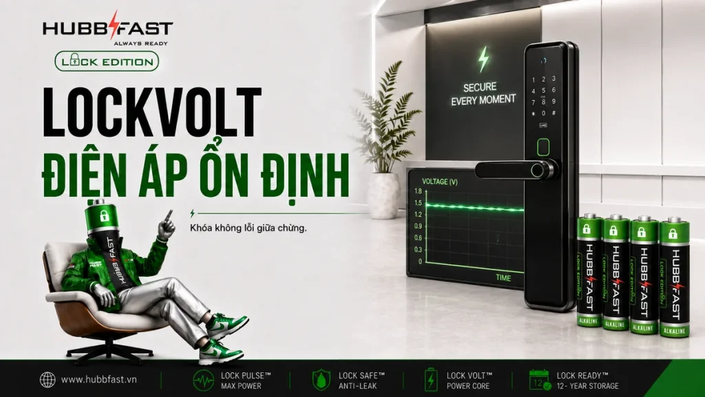 LOCKVOLT™: Điện Áp Ổn Định Suốt Vòng Đời Pin — Khóa Không Lỗi Giữa Chừng 1 Công nghệ LOCKVOLT điện áp ổn định HubbFast Lock Edition