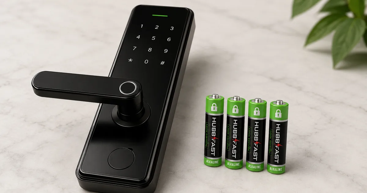Khóa cửa vân tay hiện đại và bộ pin AA HubbFast Lock Edition chuyên dụng bên cạnh