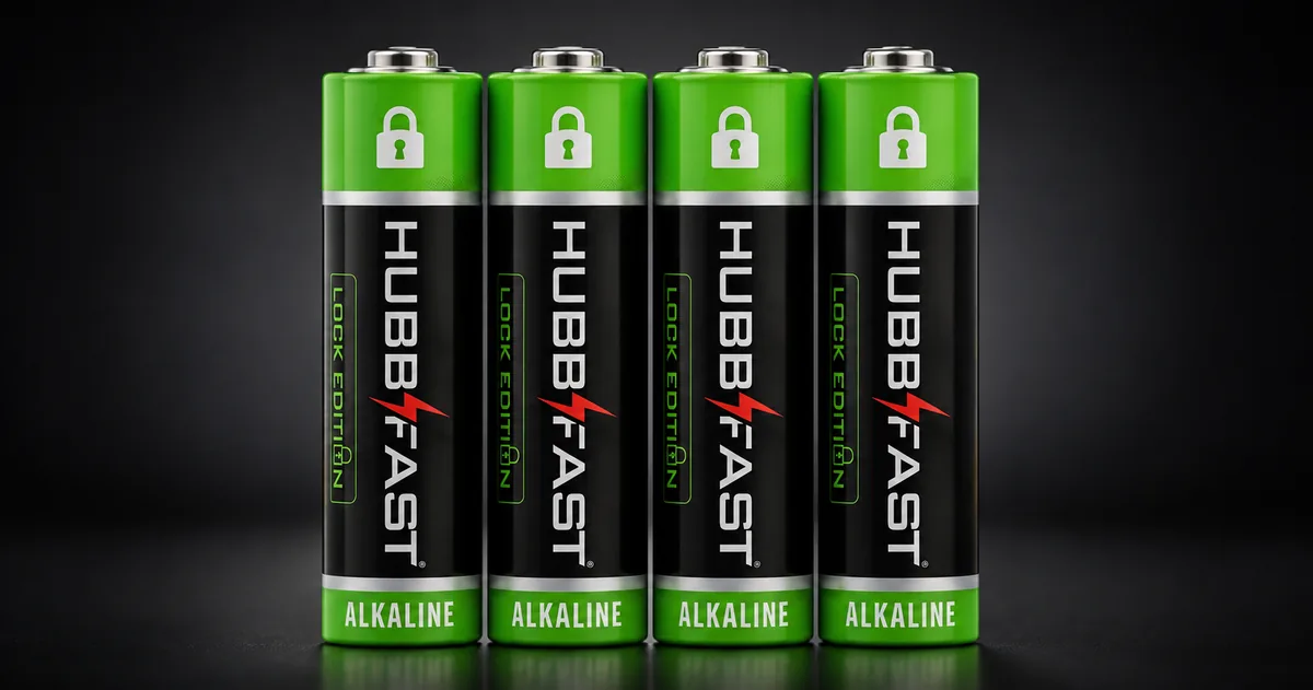 Cận cảnh 4 viên pin AA HubbFast Lock Edition thân đen nắp xanh biểu tượng ổ khóa