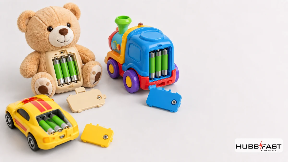Pin AA Cho Đồ Chơi Trẻ Em: An Toàn Là Trên Hết — Chọn Loại Nào? 2 Đồ chơi trẻ em dùng pin AA với khoang pin có nắp vặn vít an toàn | HubbFast Premium – Pin kiềm Alkaline