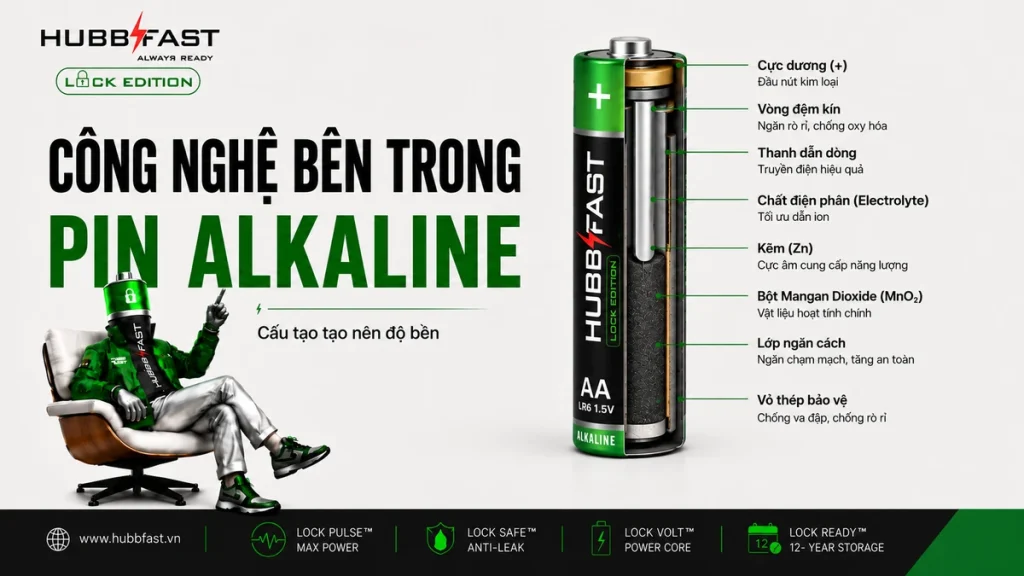 Công Nghệ Bên Trong Pin Alkaline: Giải Phẫu Từng Lớp 1 Công nghệ bên trong pin alkaline HubbFast Lock Edition - cấu tạo tạo nên độ bền