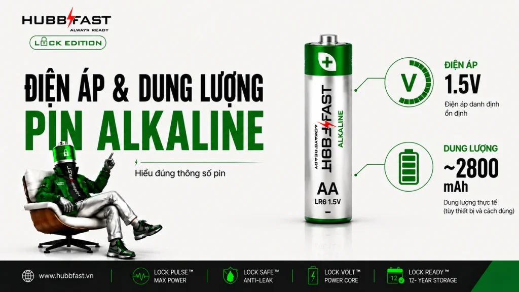 Dien ap va dung luong pin Alkaline HubbFast Premium 1.5V 2800mAh