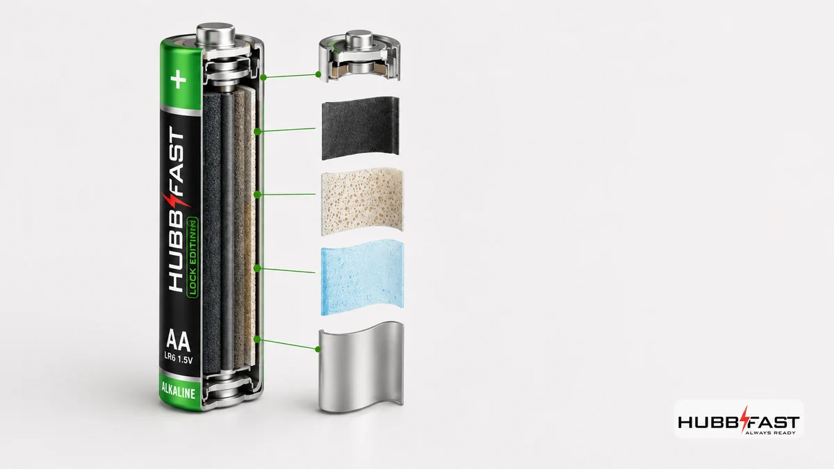 Công Nghệ Bên Trong Pin Alkaline: Giải Phẫu Từng Lớp 2 Giải phẫu pin alkaline HubbFast Lock Edition minh họa cực dương cực âm và cấu tạo