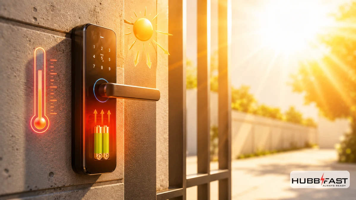 Khóa cửa ngoài trời hứng nắng gắt ảnh hưởng đến pin bên trong | HubbFast Lock Edition – Pin kiềm Alkaline cho khóa thông minh