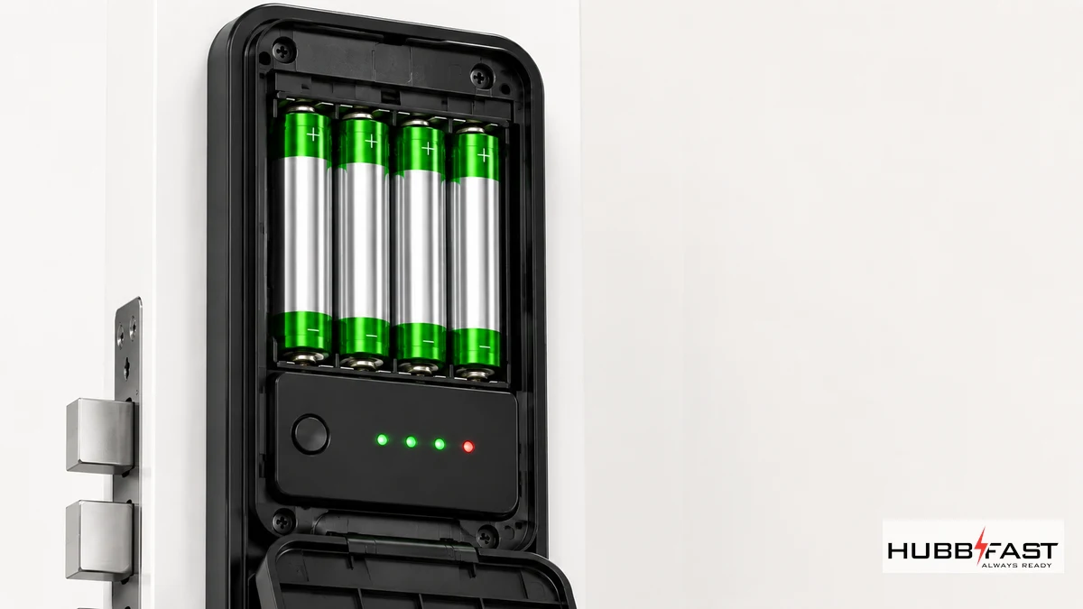 Khoang pin khóa Hafele với bộ pin AA và chỉ báo mức pin | HubbFast Lock Edition – Pin kiềm Alkaline cho khóa thông minh