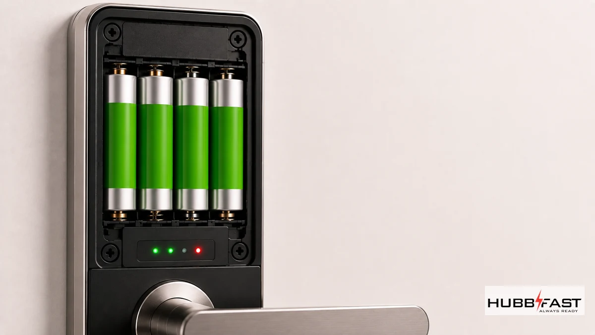 Khoang pin khóa Kaadas với bộ pin AA và chỉ báo mức pin | HubbFast Lock Edition – Pin kiềm Alkaline cho khóa thông minh