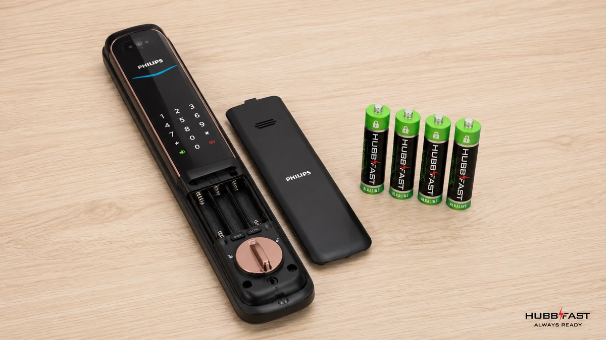 Hồ Sơ Khóa Philips: Pin Nào Phù Hợp Và Cách Bảo Dưỡng Đúng 3 Khoang pin khóa Philips và pin HubbFast Lock Edition thay thế