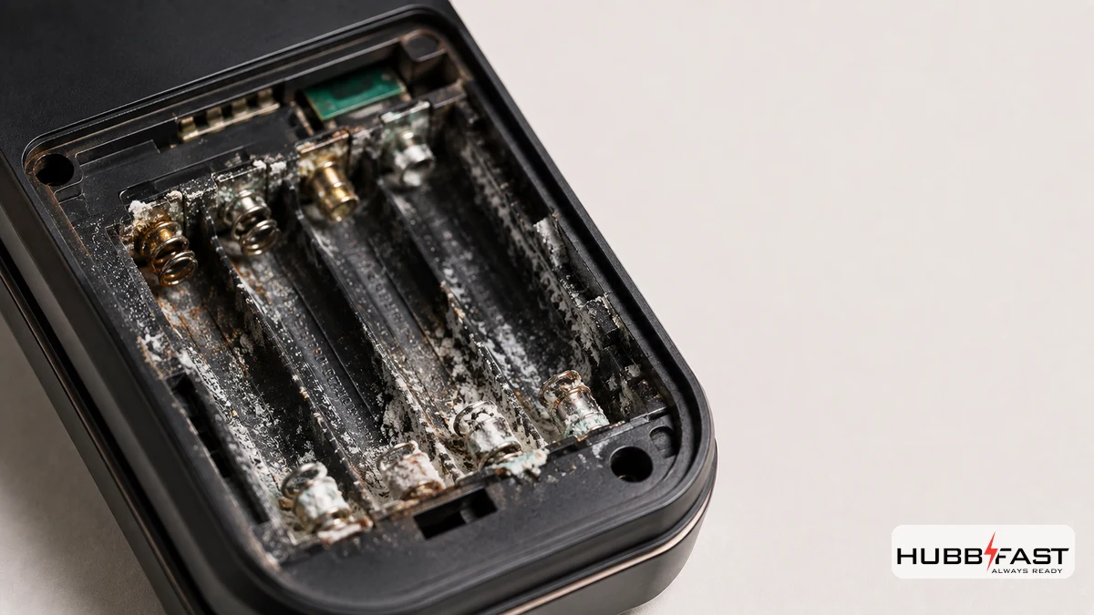 LOCKSAFE™: Tại Sao Pin Không Rò Rỉ Lại Quan Trọng Hơn Bạn Nghĩ? 2 Khoang pin khóa thông minh bị đóng cặn ăn mòn do pin rò rỉ | HubbFast Lock Edition – Pin kiềm Alkaline cho khóa thông minh