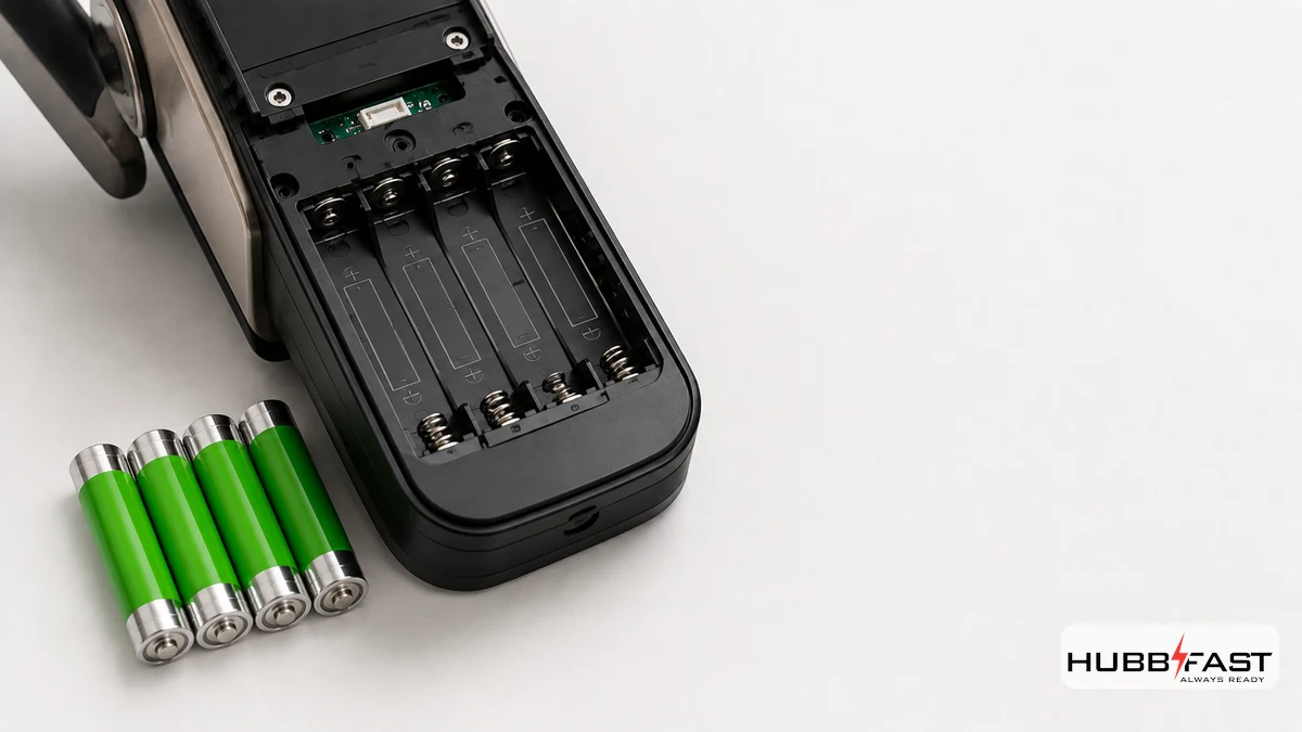 Pin AA Hay Pin AAA Cho Khóa Thông Minh? Câu Trả Lời Cuối Cùng 2 Khoang pin khóa thông minh ghi rõ cỡ pin AA cần dùng | HubbFast Lock Edition – Pin kiềm Alkaline cho khóa thông minh