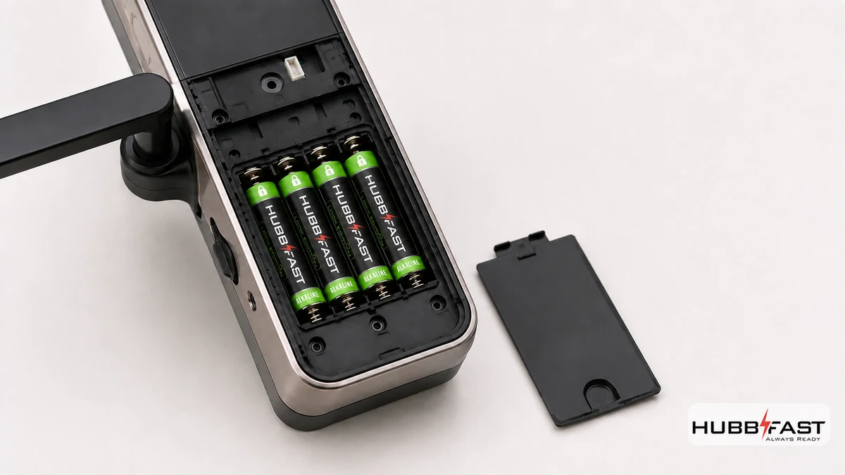 Pin AA Hay Pin AAA Cho Khóa Thông Minh? Câu Trả Lời Cuối Cùng 4 Lắp pin HubbFast Lock Edition thân đen vào khoang pin khóa cửa thông minh