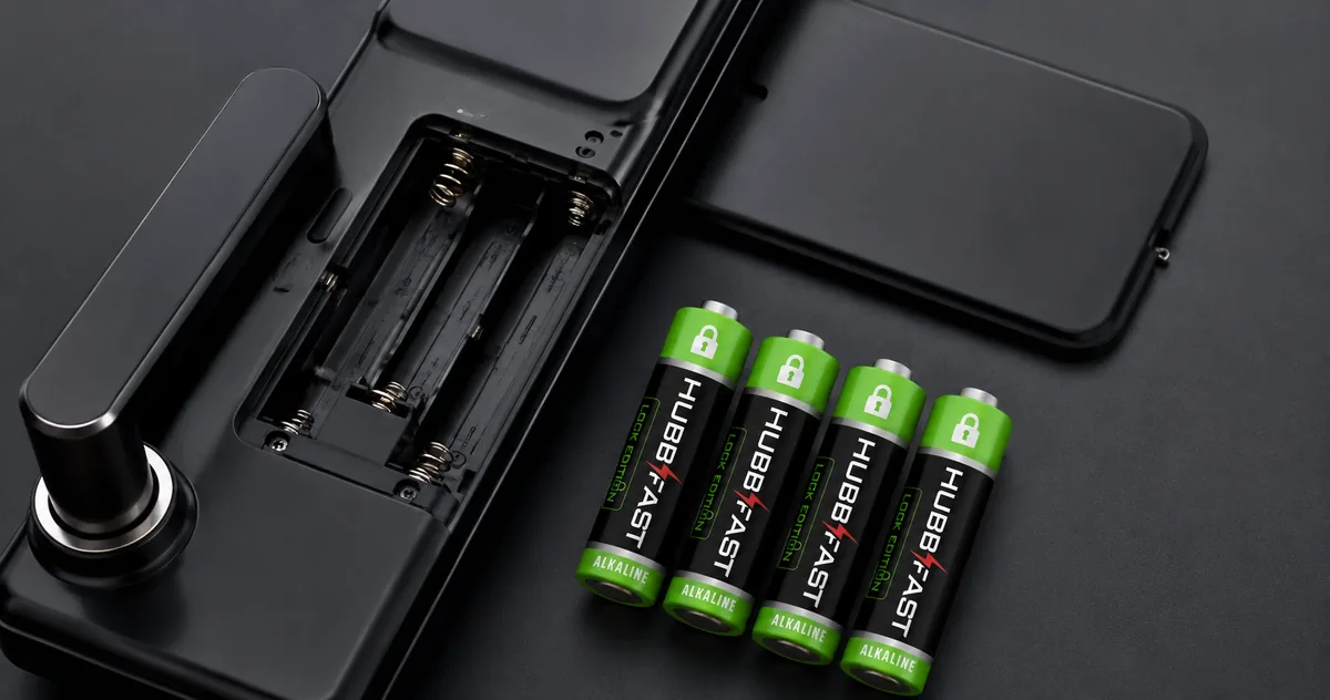 LOCKPULSE™ Là Gì? Công Nghệ Pin Chịu Tải Xung Cho Khóa Thông Minh 3 Bộ 4 viên pin AA HubbFast Lock Edition thân đen bên khoang pin khóa vân tay